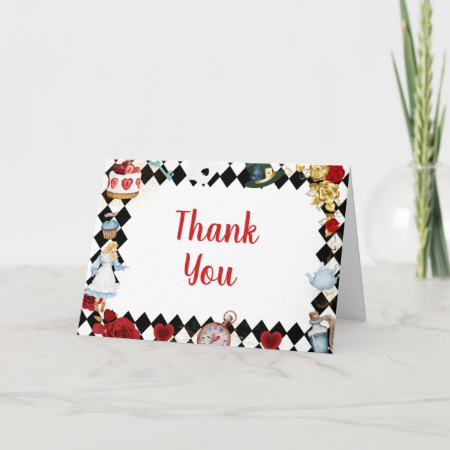 Tarjeta De Agradecimiento "Don't Be Late" Alice in ONEderland First Birthday (Anverso)