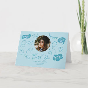 Tarjeta De Agradecimiento Doodle de graduación con foto de grado azul