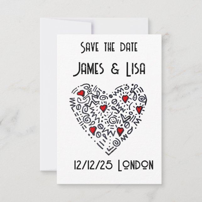 Tarjeta De Agradecimiento Doodle Heart Save the Date - Negro, Blanco persona (Anverso)