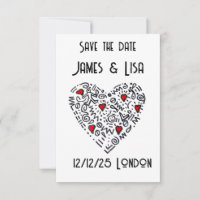 Doodle Heart Save the Date – Negro, Blanco persona