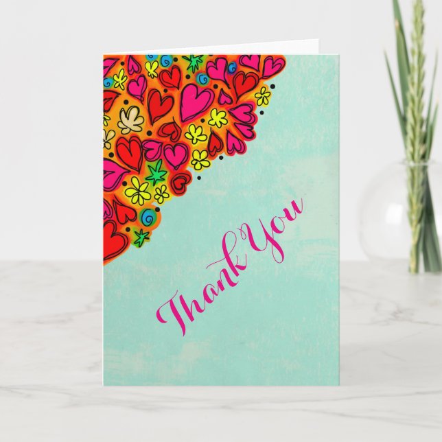 Tarjeta De Agradecimiento Doodle Hearts and Flowers Gracias (Anverso)