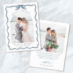Tarjeta De Agradecimiento Doodle Romántico Coquette Lazo Azul Foto de Boda