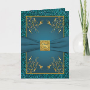 Tarjeta de agradecimiento dorada sobre azul turque