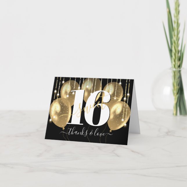 Tarjeta De Agradecimiento Dorado Black Girly Luxury Sweet 16 Globos de cumpl (Anverso)