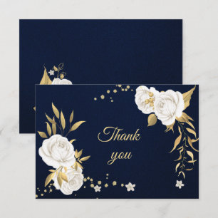 Tarjeta De Agradecimiento dorado blanco floral azul marino