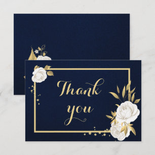 Tarjeta De Agradecimiento dorado blanco floral azul marino