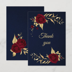 Tarjeta De Agradecimiento dorado burdeos floral azul marino