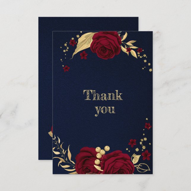 Tarjeta De Agradecimiento dorado burdeos floral azul marino (Anverso / Reverso)