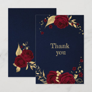Tarjeta De Agradecimiento dorado burdeos floral azul marino