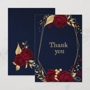 Tarjeta De Agradecimiento dorado burdeos floral azul marino geométrico