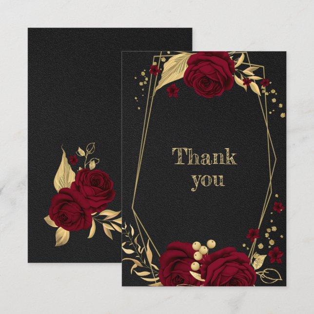 Tarjeta De Agradecimiento dorado burdeos floral negro (Anverso / Reverso)