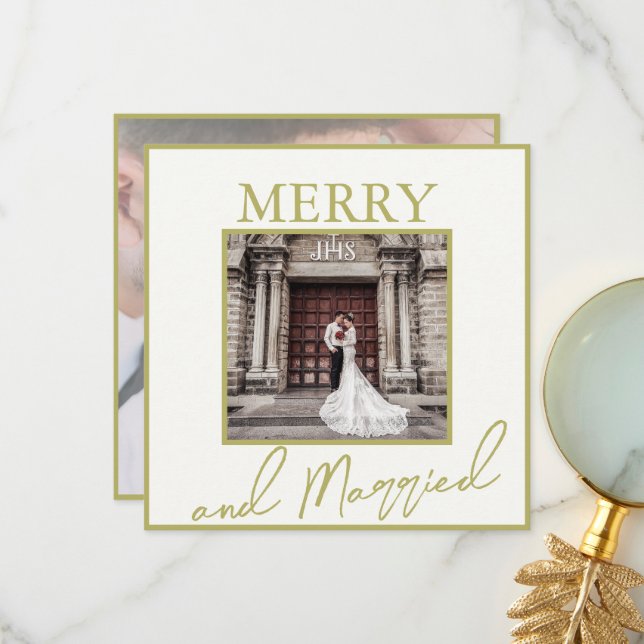 Tarjeta De Agradecimiento Dorado elegante merry y casado 2 fotos (Anverso/Reverso In Situ)