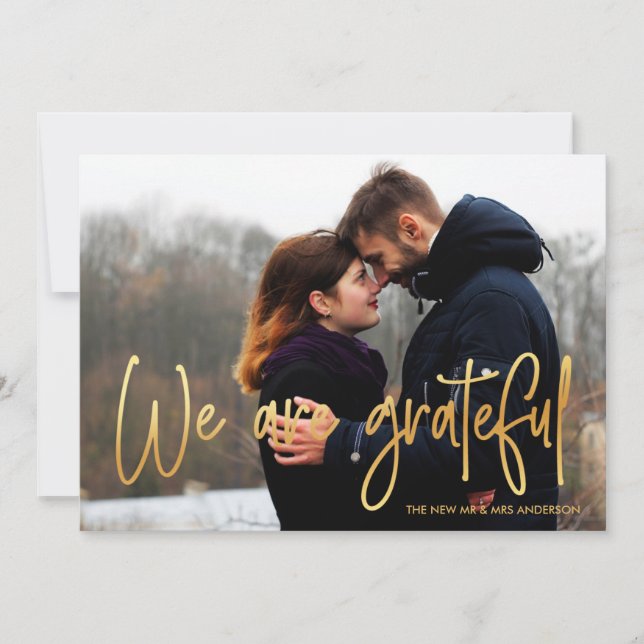 Tarjeta De Agradecimiento Dorado| Estamos agradecidos 2 Boda de fotos Gracia (Anverso)