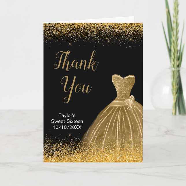 Tarjeta De Agradecimiento Dorado Vestido Faux Purpurina Dulce 16 Cumpleaños (Anverso)
