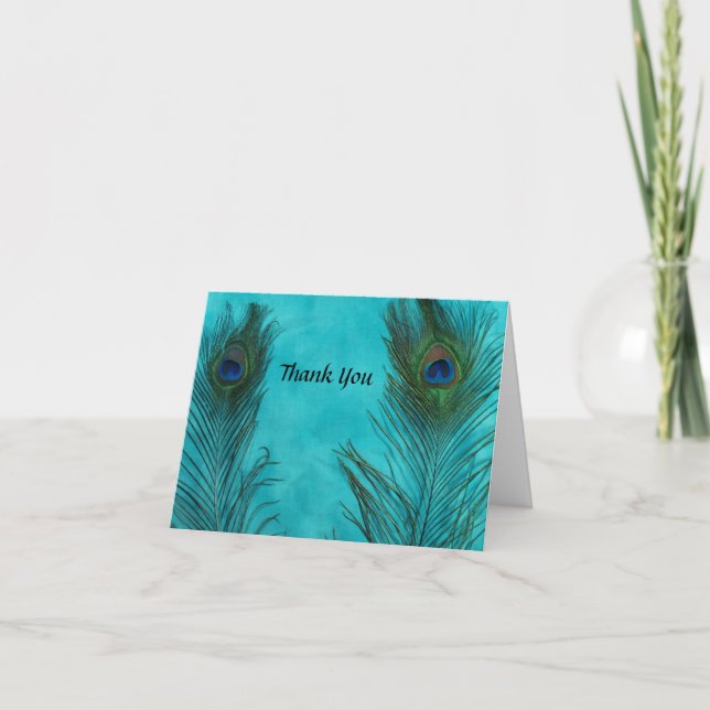 Tarjeta De Agradecimiento Dos Bodas Aqua Peacock Feathers Gracias Cartas (Anverso)