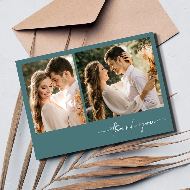 Tarjeta De Agradecimiento Dos Bodas de fotos de Emerald Green Gracias (Emerald Green Two Photo Wedding Thank You Card)