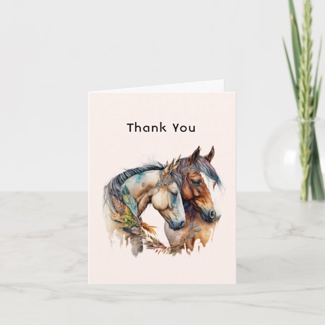 Tarjeta De Agradecimiento Dos caballos con decoración de plumas Boho (Anverso)
