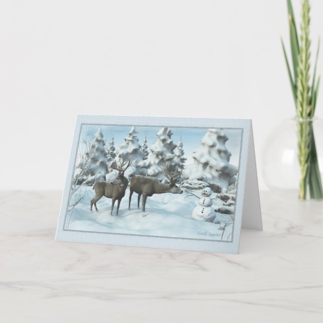Tarjeta De Agradecimiento Dos ciervos y un muñeco de nieve (Anverso)