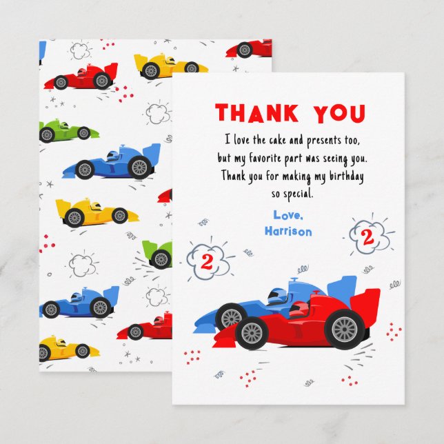 Tarjeta De Agradecimiento Dos coches de Carreras de cumpleaños rápidos (Anverso / Reverso)