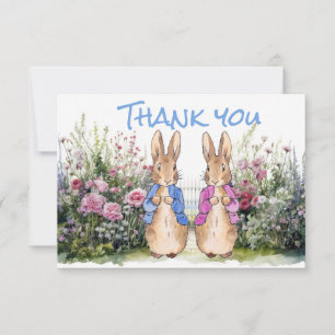 Tarjeta De Agradecimiento Dos conejitos clásicos chaqueta azul y rosa gracia