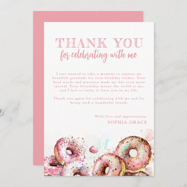 Tarjeta De Agradecimiento Dos dulces Chicas de donut rosados segundo cumplea (Anverso / Reverso)