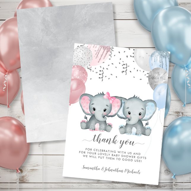 Tarjeta De Agradecimiento Dos elefantes globos acuáticos Baby Shower (Twin Elephant Balloons Watercolor Baby Shower Thank You Card)