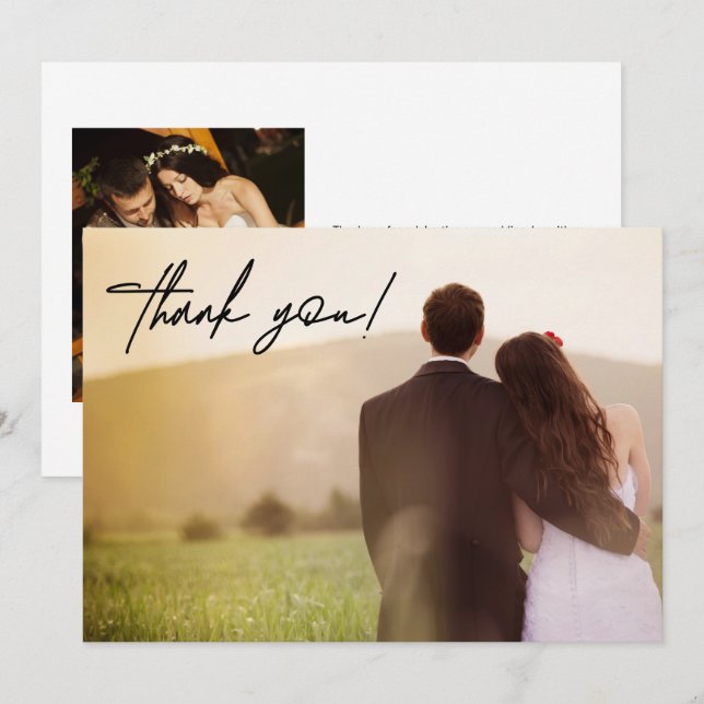 Tarjeta De Agradecimiento Dos fotos Bodas Personalizado de guiones elegantes (Anverso / Reverso)