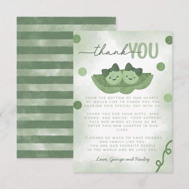 Tarjeta De Agradecimiento Dos guisantes en un Baby Shower Chica gemelo Pod (Anverso / Reverso)