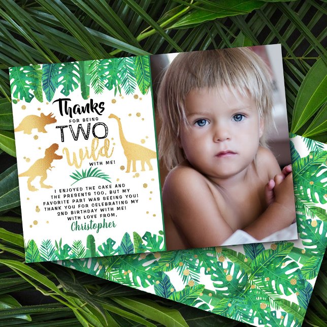 Tarjeta De Agradecimiento Dos Wild Dinosaur Bot Second Birthday Photo (Subido por el creador)