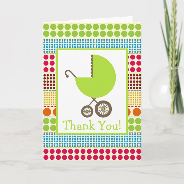 Tarjeta De Agradecimiento Dots Boho y Green Carriage Baby Shower Gracias (Anverso)
