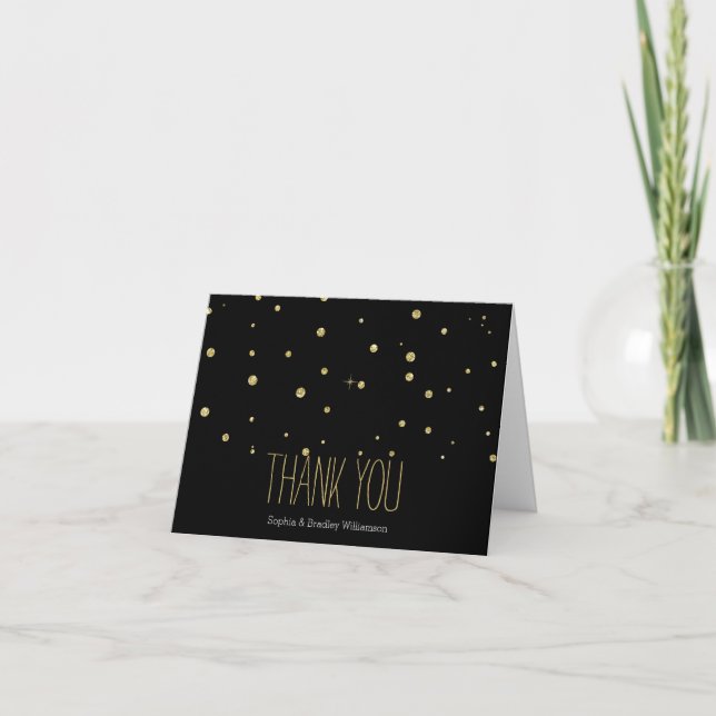 Tarjeta De Agradecimiento Dots de oro y Purpurina negro Confetti Gracias (Anverso)
