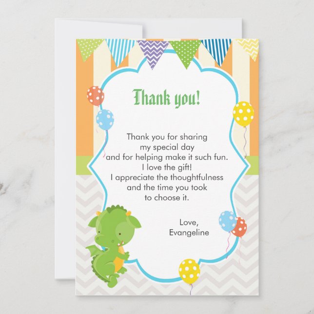 Tarjeta De Agradecimiento Dragon Kids Birday Thank You Note (Anverso)