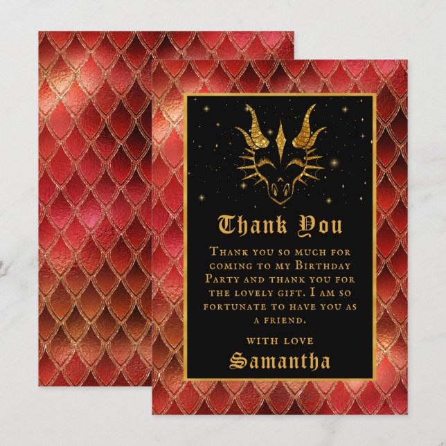 Tarjeta De Agradecimiento Dragón Rojo Escales Gold Faux Purpurina Cumpleaños (Anverso / Reverso)
