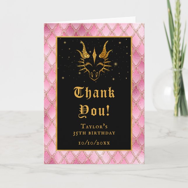Tarjeta De Agradecimiento Dragón Rosa Escales Purpurina Faux Gold Cumpleaños (Anverso)