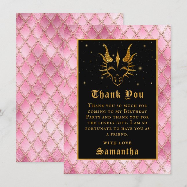 Tarjeta De Agradecimiento Dragón Rosa Escales Purpurina Faux Gold Cumpleaños (Anverso / Reverso)