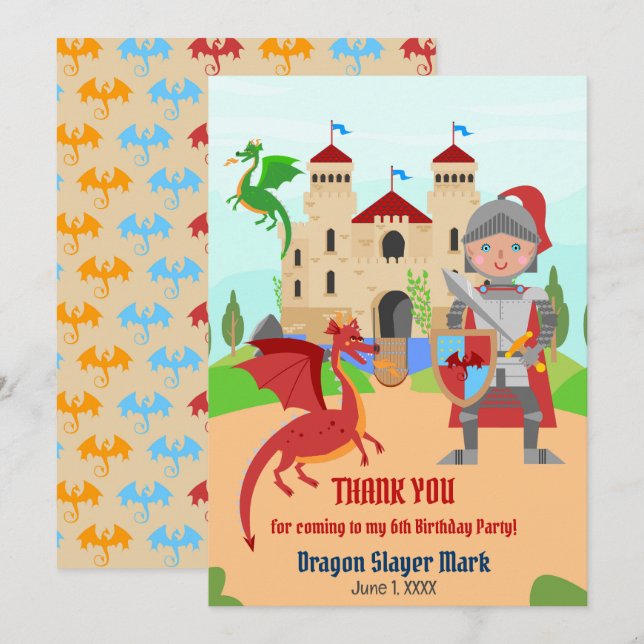 Tarjeta De Agradecimiento Dragon Slayer Knight Boy Birday Party (Anverso / Reverso)