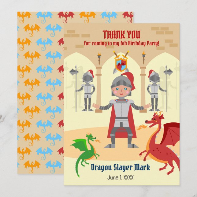 Tarjeta De Agradecimiento Dragon Slayer Knight Boy Birday Party (Anverso / Reverso)