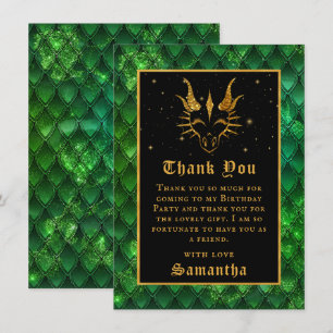 Tarjeta De Agradecimiento Dragón Verde escala Purpurina de Faux de oro Cumpl