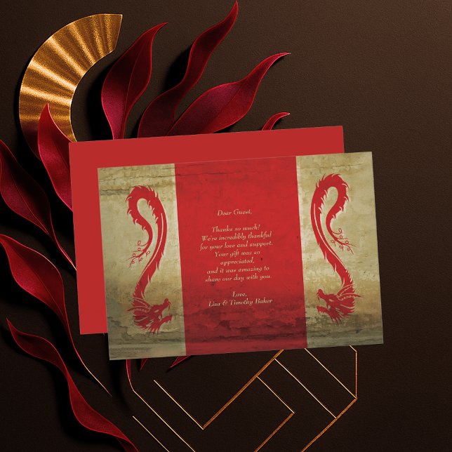 Tarjeta De Agradecimiento Dragones rojos y dorados Boda de temas asiáticos (Red and Gold Dragons Asian Themed Wedding Thank You Card)