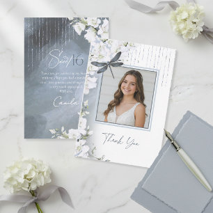 Tarjeta De Agradecimiento Dragonfly Floral Sweet 16 Polvo Azul V2 ID1310