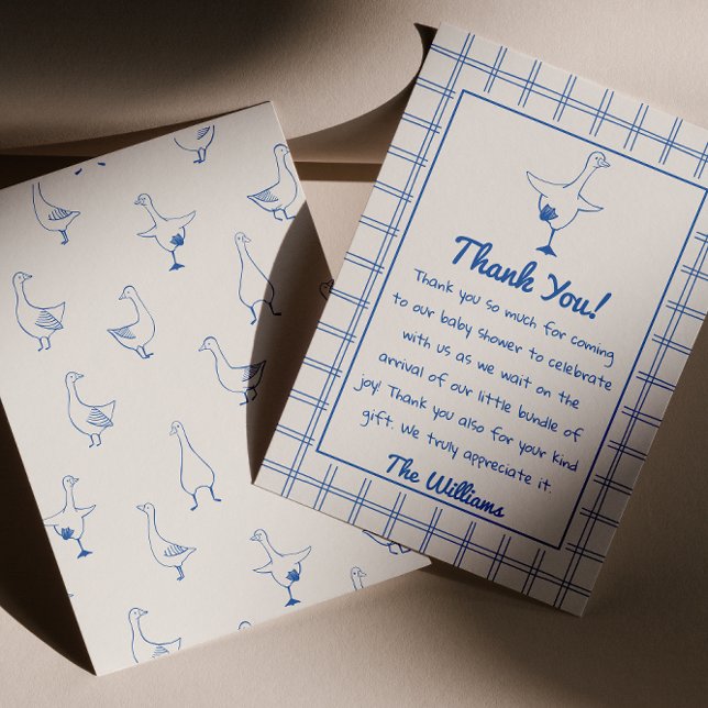 Tarjeta De Agradecimiento Drake Blue Silly Goose Gingham Boy Baby Shower (Subido por el creador)