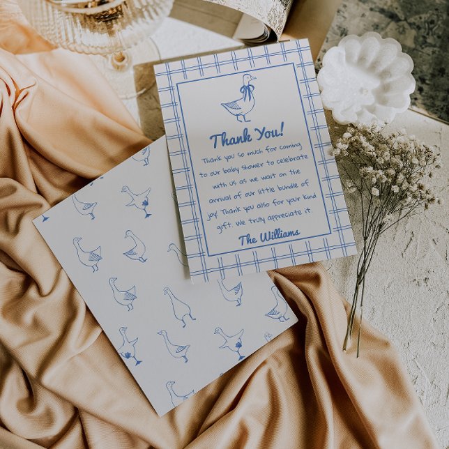 Tarjeta De Agradecimiento Drawn Goose Gingham Blue Classic Boy Baby Shower (Subido por el creador)