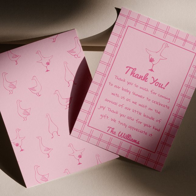 Tarjeta De Agradecimiento Drawn Pink Silly Goose Gingham Chica Baby Shower (Subido por el creador)