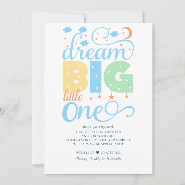 Tarjeta De Agradecimiento Dream Big Little One Blue Baby Boy Primer cumpleañ (Anverso)