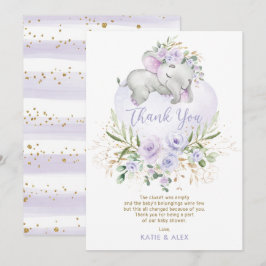 Tarjeta De Agradecimiento Dreamy Elephant Purple Gold Floral Baby Shower Tho