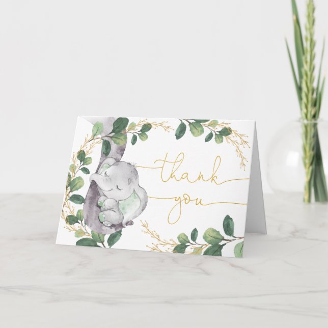 Tarjeta De Agradecimiento Dreamy Greenery Gold Sleeping Elephant Baby Shower (Anverso)