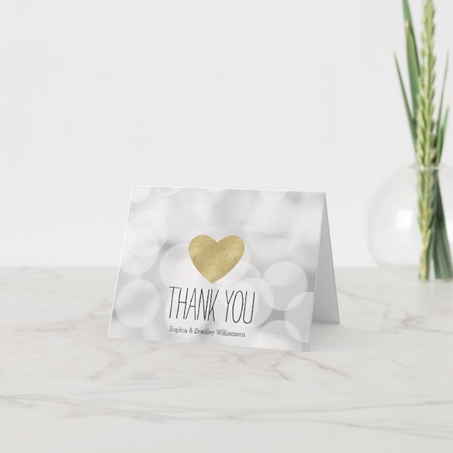 Tarjeta De Agradecimiento Dreamy White Bokeh Gold Heart Gracias (Anverso)
