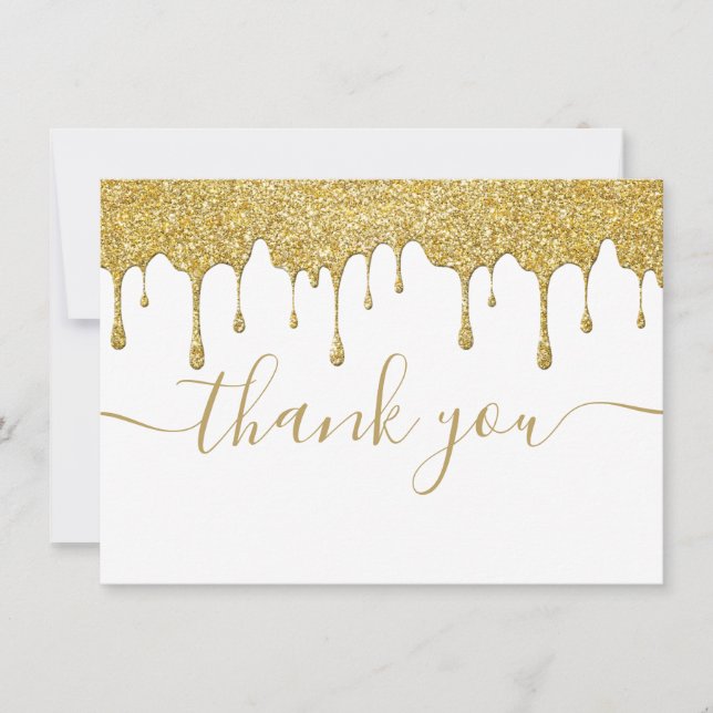 Tarjeta De Agradecimiento Drips de purpurina dorada Script elegante moderno (Anverso)