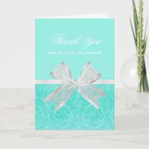 Tarjeta De Agradecimiento Ducha Bridal Gracias Moda Aqua Damask White Bow