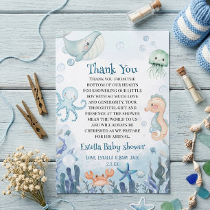 Tarjeta De Agradecimiento Ducha de Bebé Bajo el Mar Ballena Cangrejo Estrell